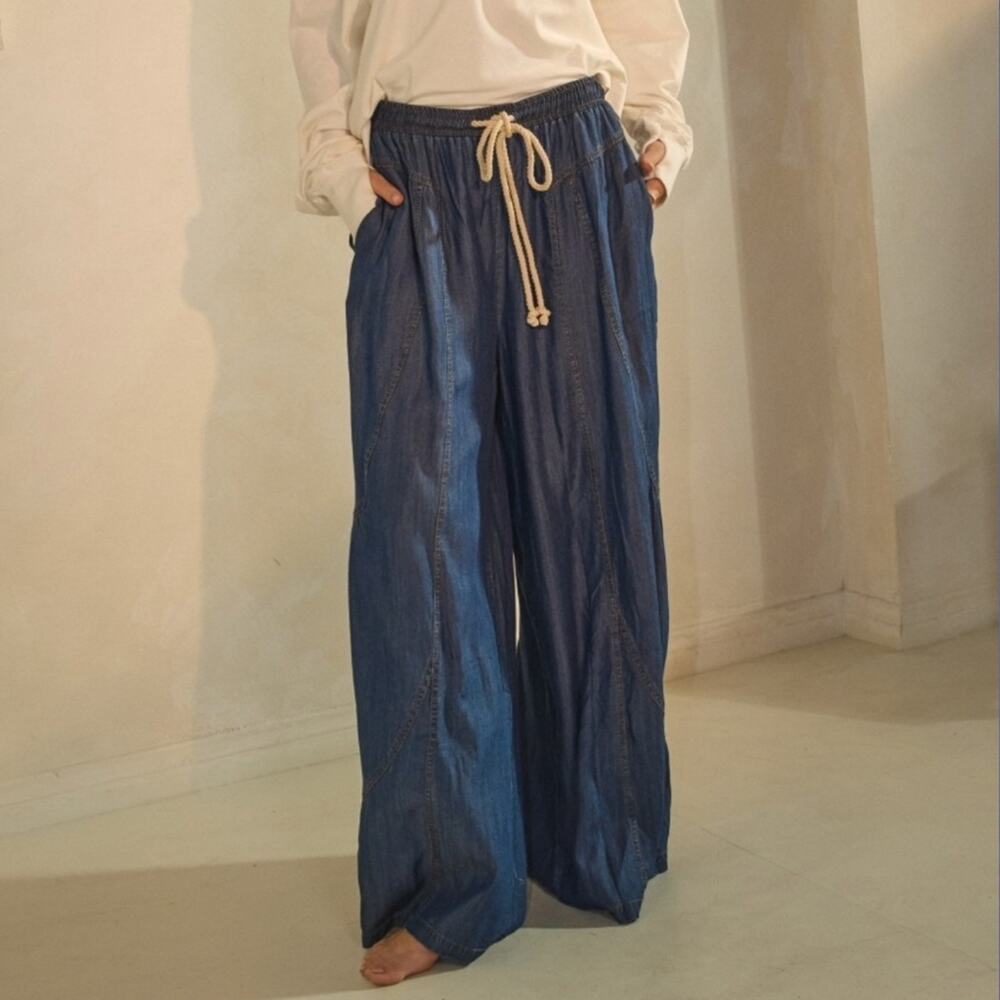 154 | Chambray Dark Denim Wide Leg Boho Pallazzo Pants